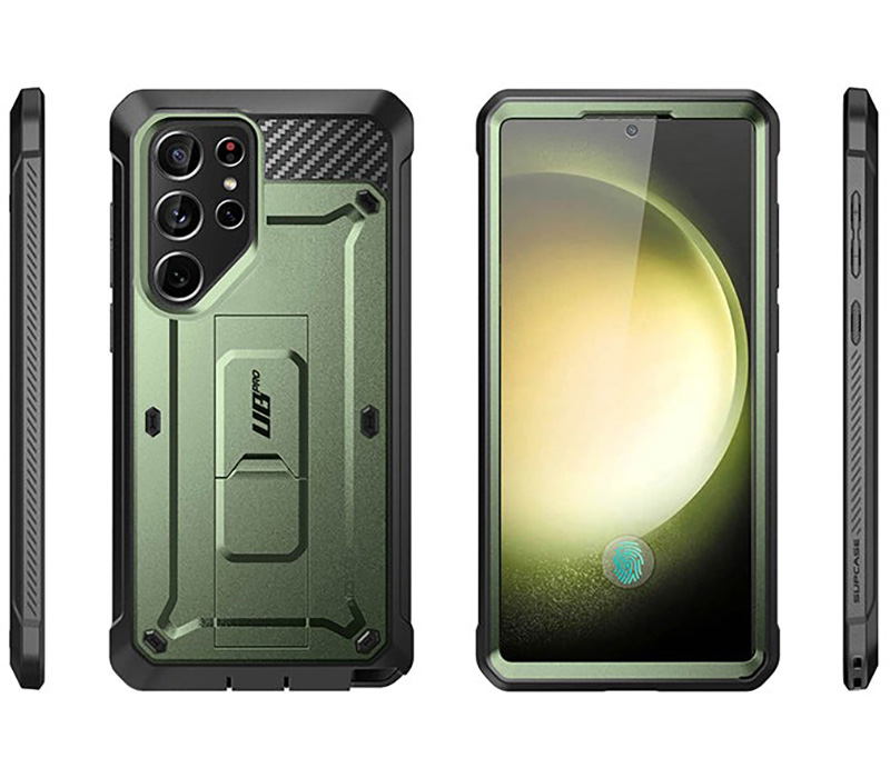 Etui pancerne z osłoną na ekran, z wbudowaną podstawką i kaburą z klipsem obrotowym Supcase Unicorn Beetle Pro do Galaxy S24 Ultra, zielone